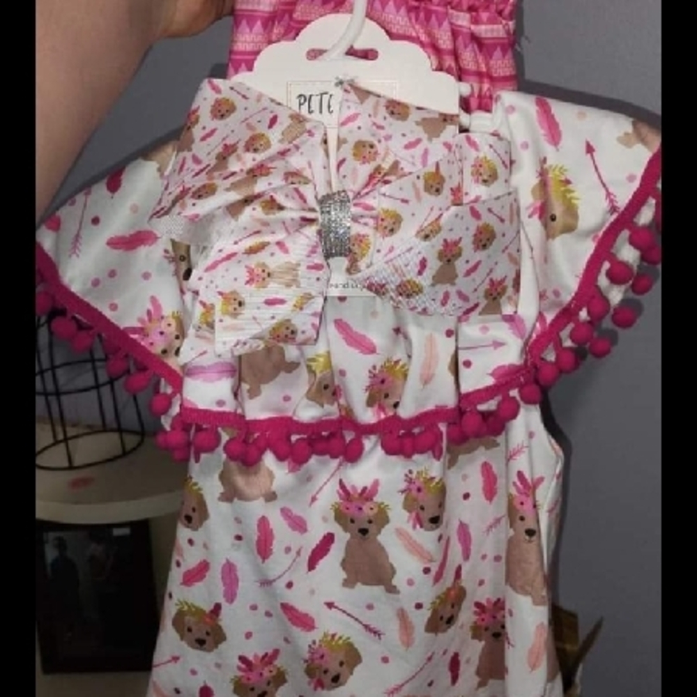 Petite Pink and White Dog SHORT Set With Matching Big Bow 4T